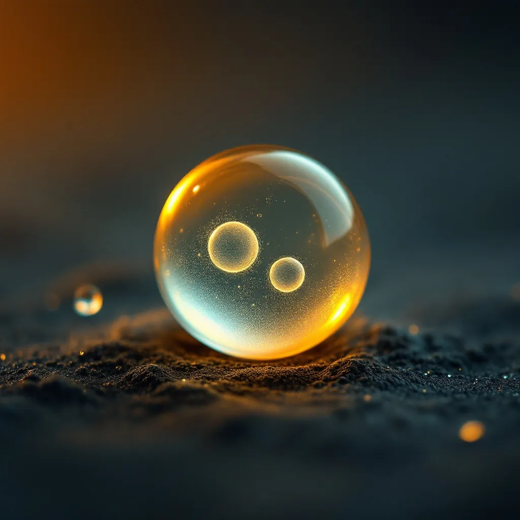 Macro of a fertilised egg, translucent and warm against a dark ground
