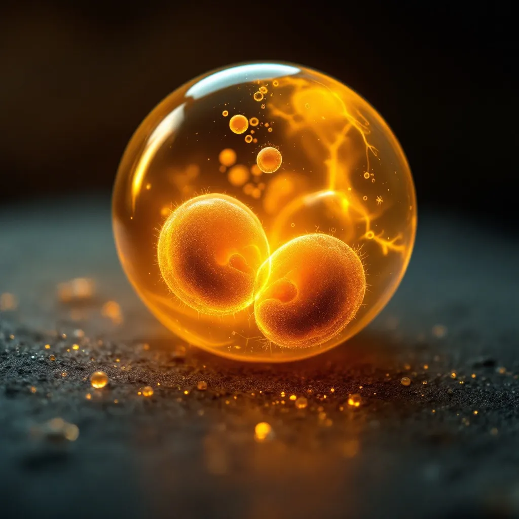 Macro of an early embryo glowing amber in dark field light
