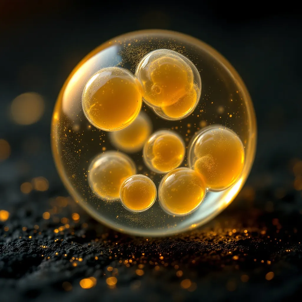 Macro of an eight-cell embryo, cells clustered inside a clear sphere