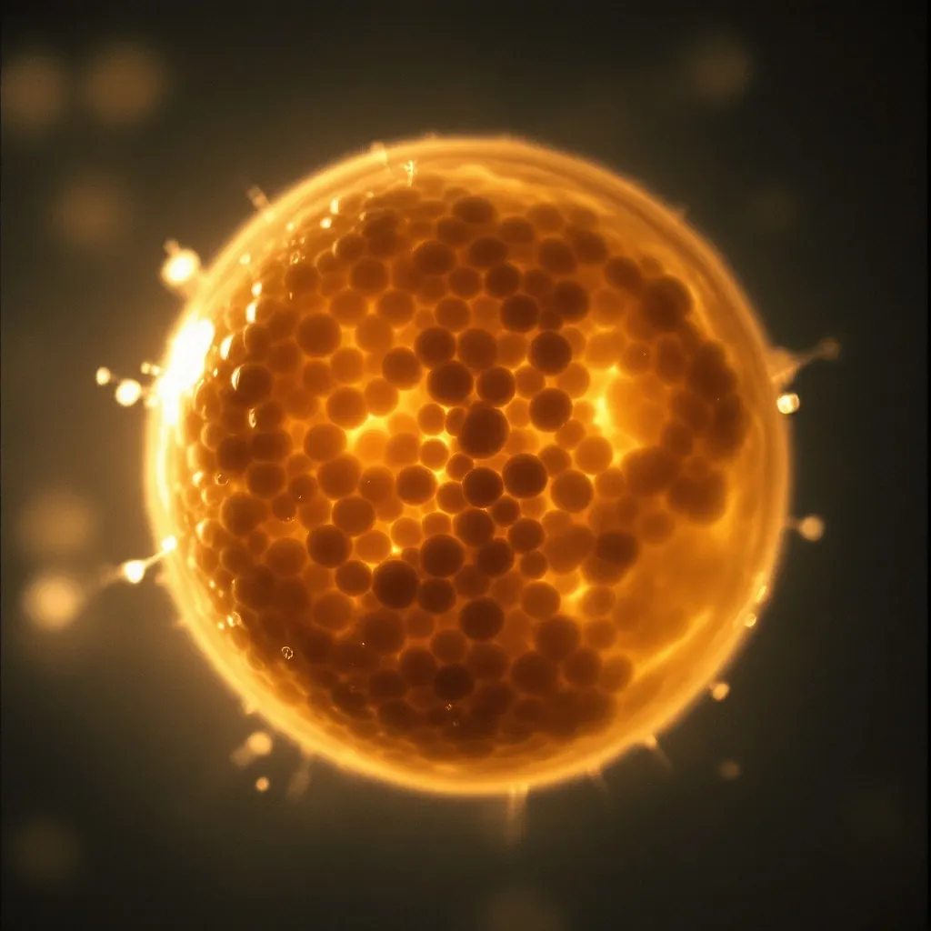 Macro of a compacting embryo, its cells knitting into one golden whole