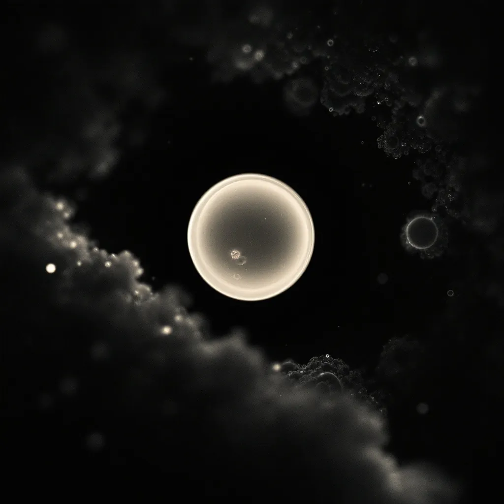 Monochrome micrograph of a day-five blastocyst, pale against black