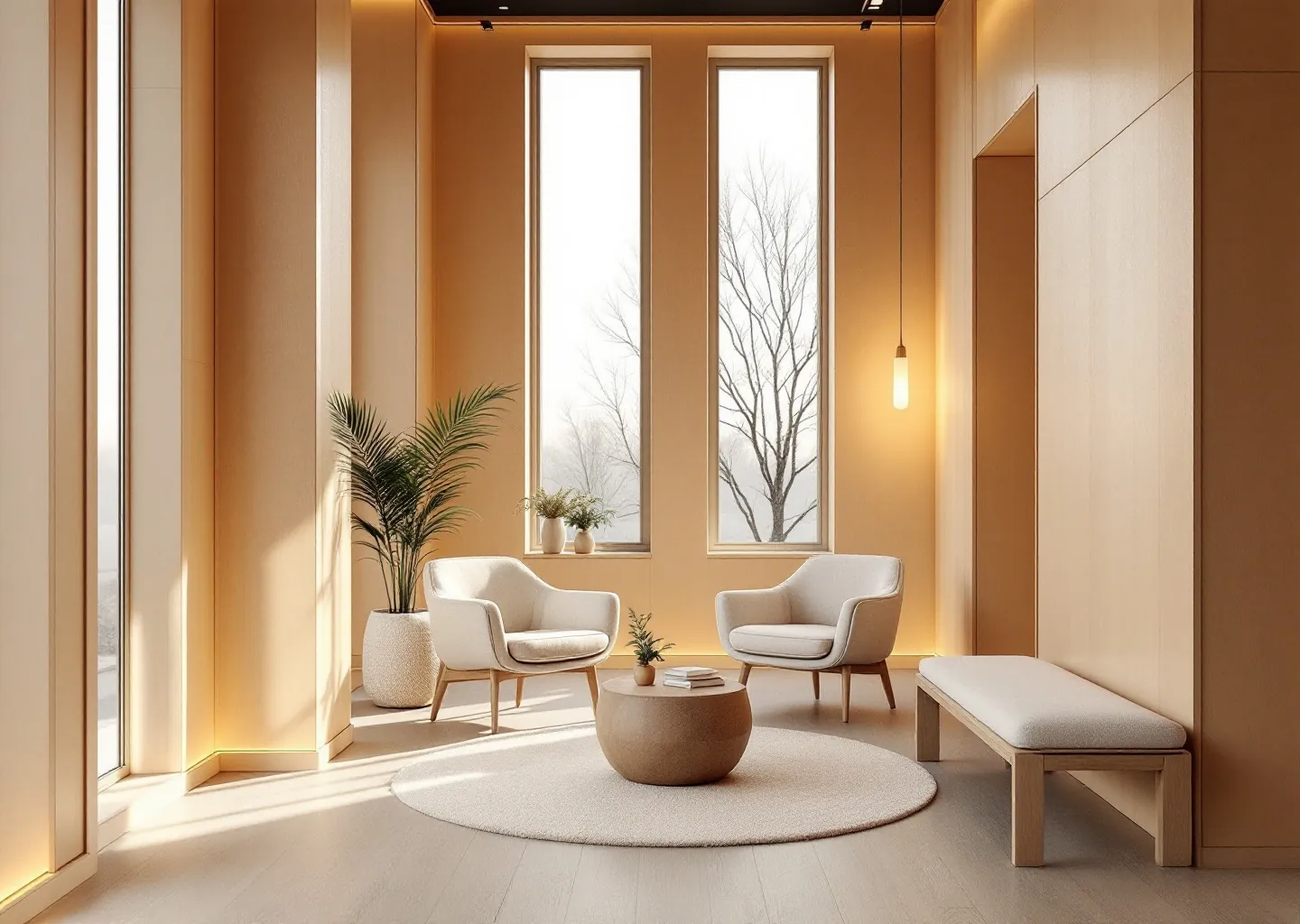 A timber-lined waiting room with two pale armchairs in morning light