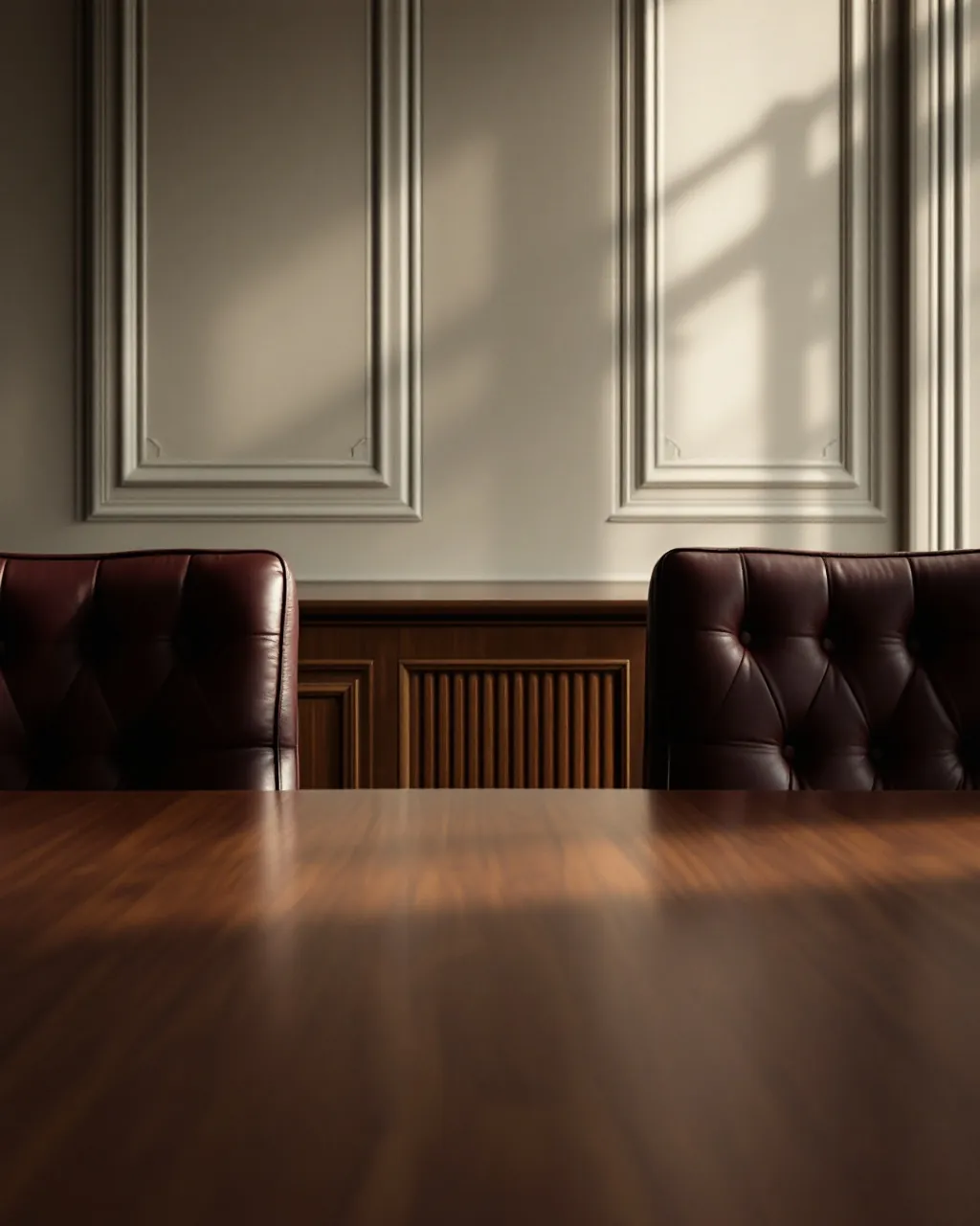 Backs of two dark leather chairs at a polished walnut boardroom table
