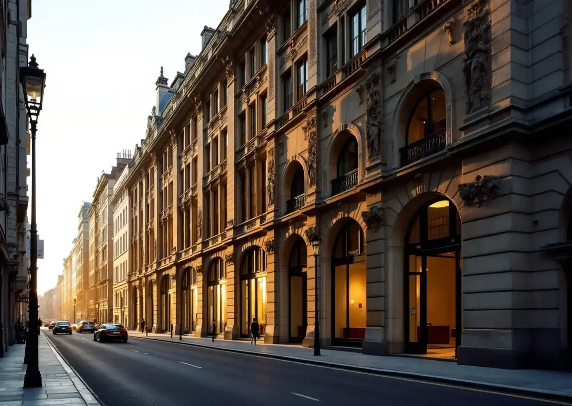 Stone office facades catching first light at dawn on a quiet street
