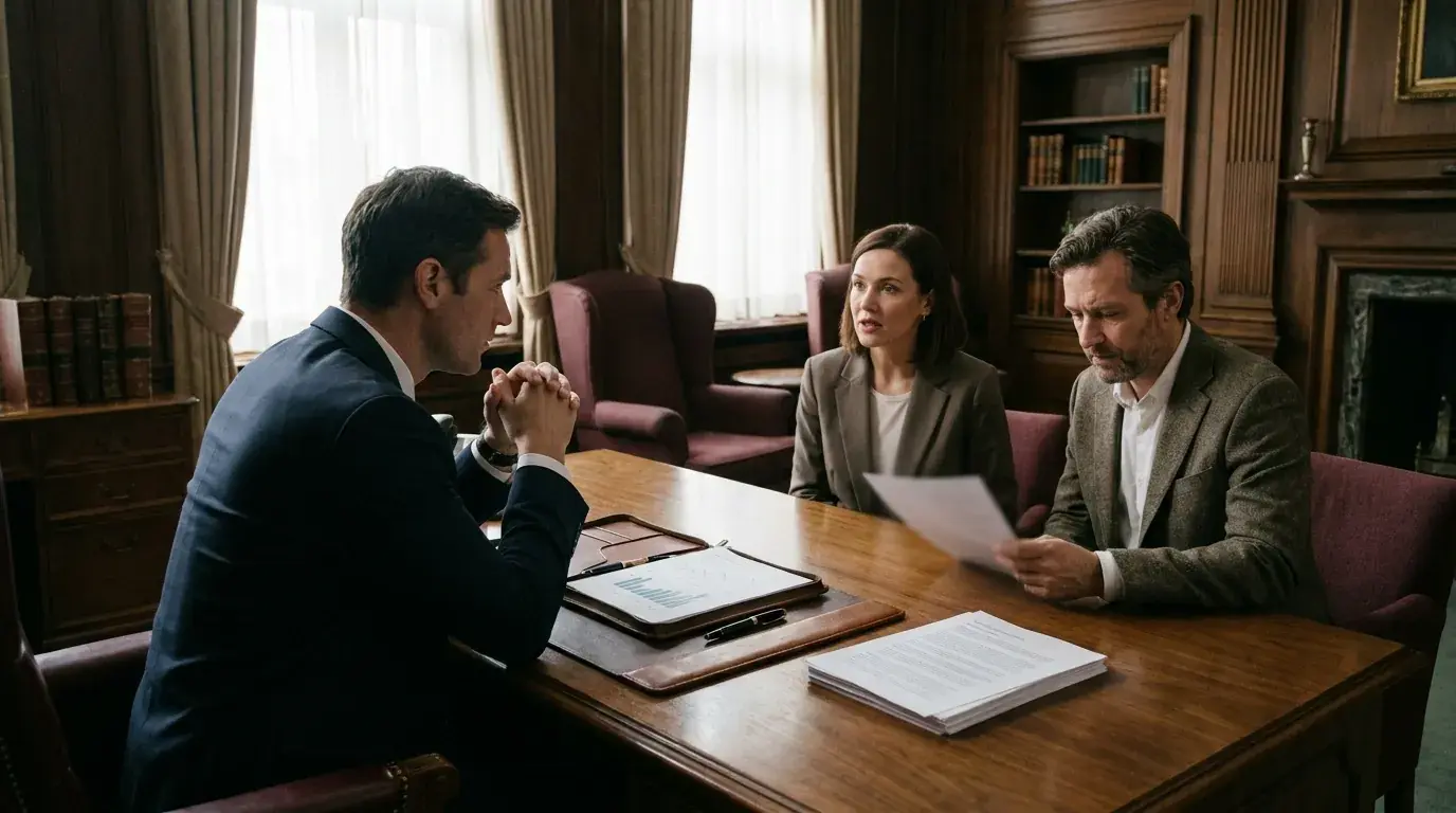 A Cartwright adviser, hands folded, listens as a couple works through their documents across the walnut table