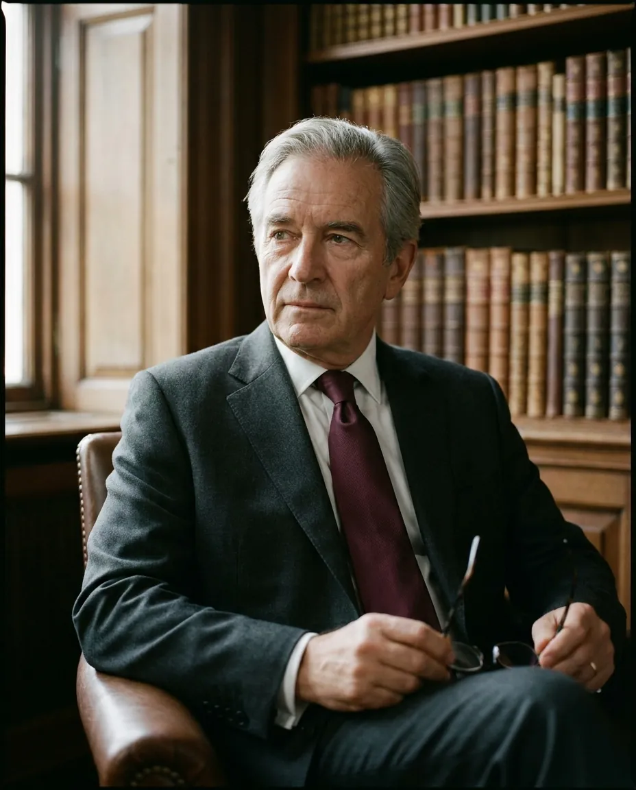 Edmund Cartwright, founding adviser, seated in the firm's walnut library holding his reading glasses