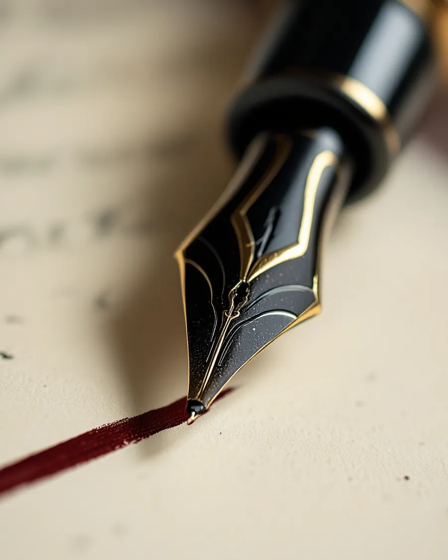 Fountain pen nib drawing a dark port-red ink line across cream statement paper