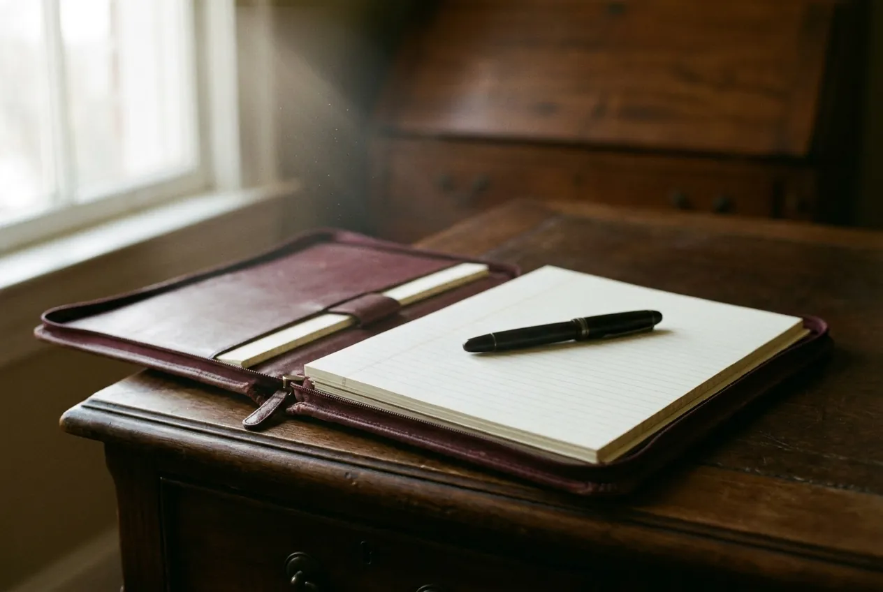 Open port-wine leather portfolio holding ruled statement paper and a fountain pen on a walnut desk in morning light