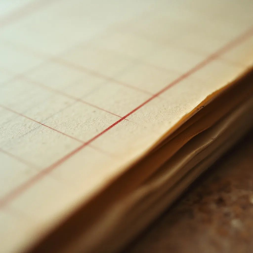 Macro of vintage ledger paper with ruled columns and a red margin line