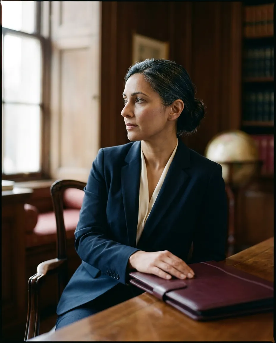 Mira Chandran, partner adviser, seated by a window in the firm's library with her hand on a leather folio