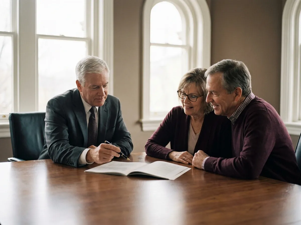 An adviser points a fountain pen at a line in a printed financial plan while a couple across the walnut table follows along