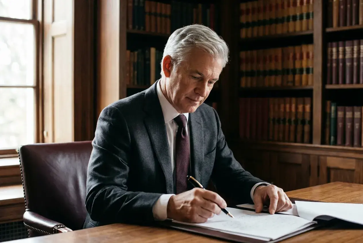 Edmund Cartwright, founding adviser, annotating a written financial plan with a fountain pen at a walnut desk in the firm's library