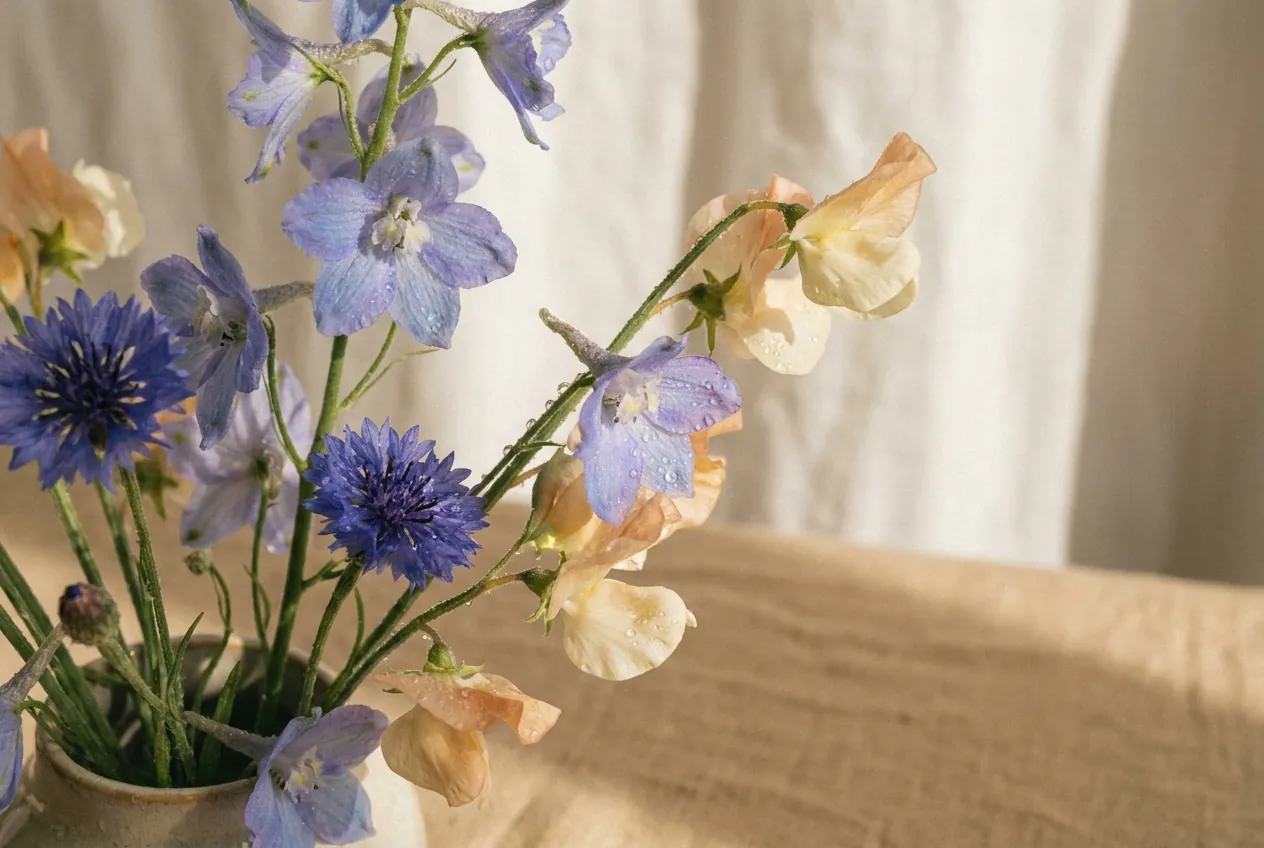 Close-up of cut delphinium, cornflower and sweet-pea stems in soft morning light.