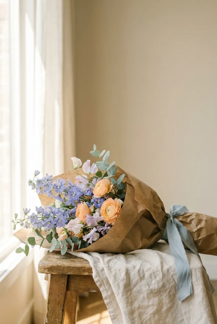 A hand-tied bouquet wrapped in kraft paper and dusty-blue ribbon resting on a wooden stool.