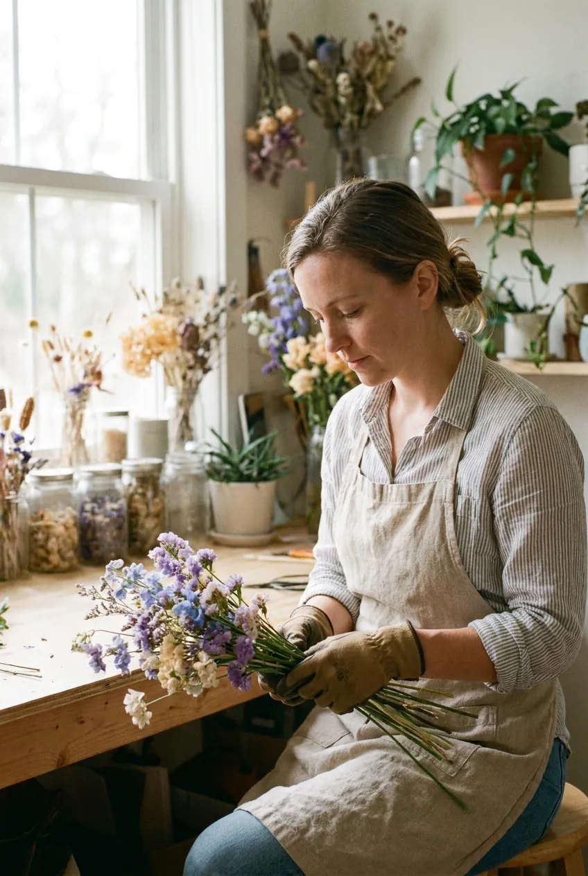 Nell Ashcombe arranging blue and apricot stems at the studio bench by a bright window.