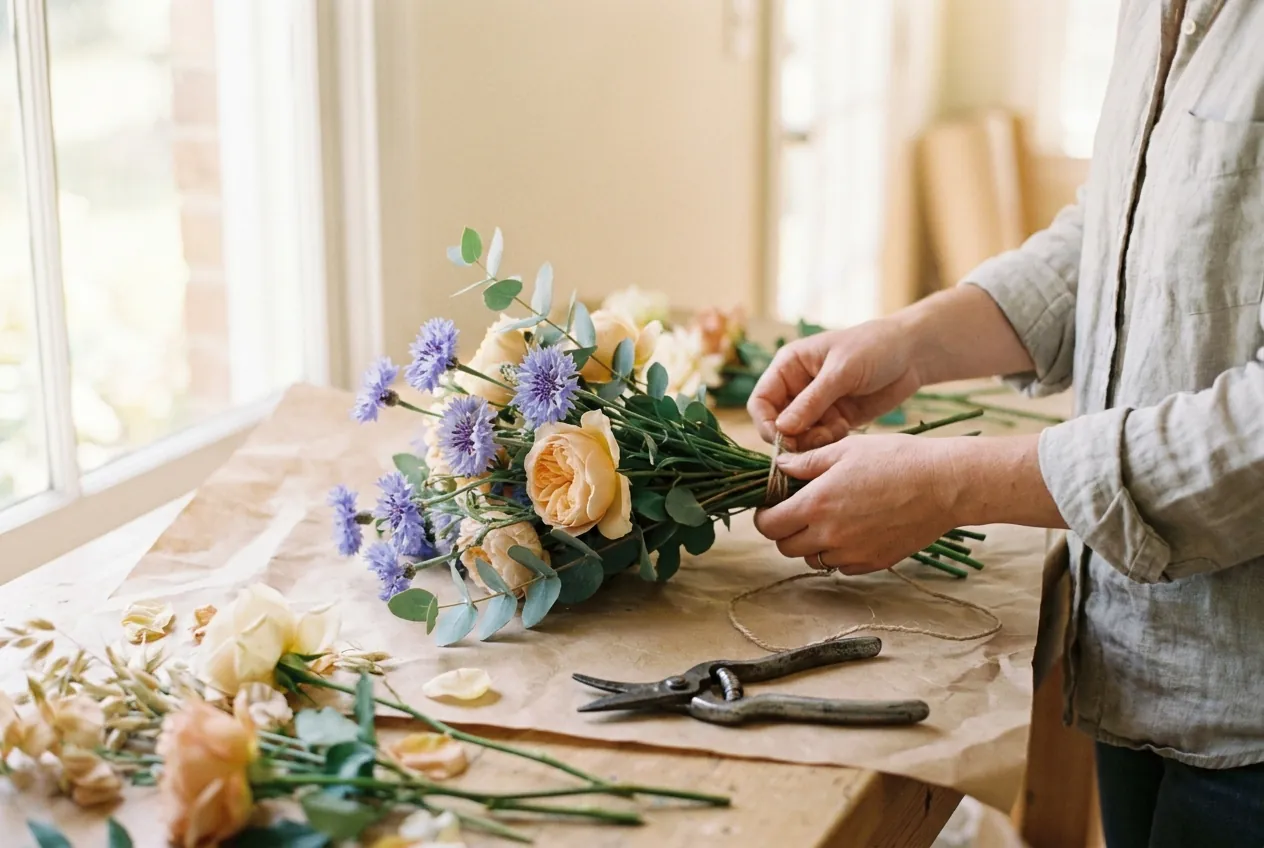 A florist's hands tying a seasonal bouquet with garden twine on kraft paper.