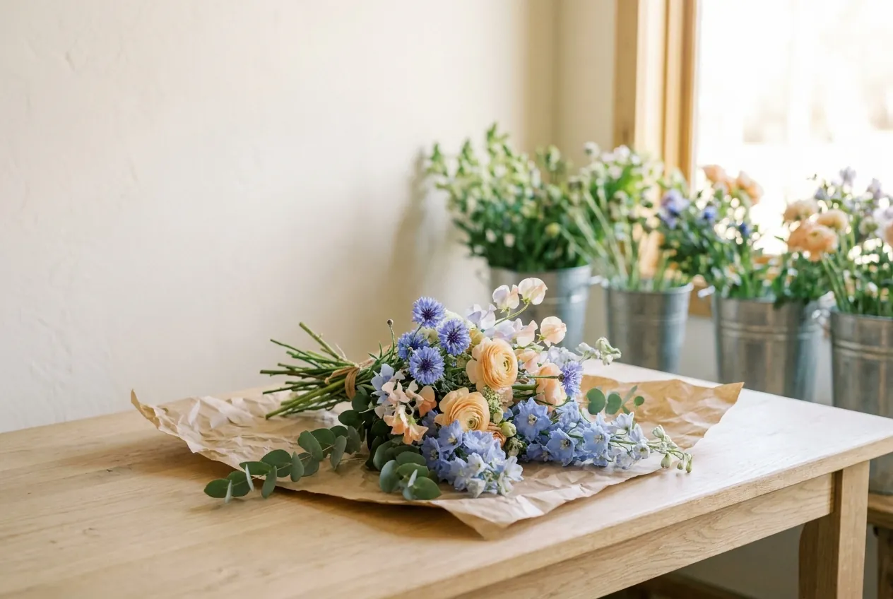 A loose seasonal bouquet of periwinkle delphinium, cornflowers, apricot ranunculus and eucalyptus on kraft paper on a studio bench.