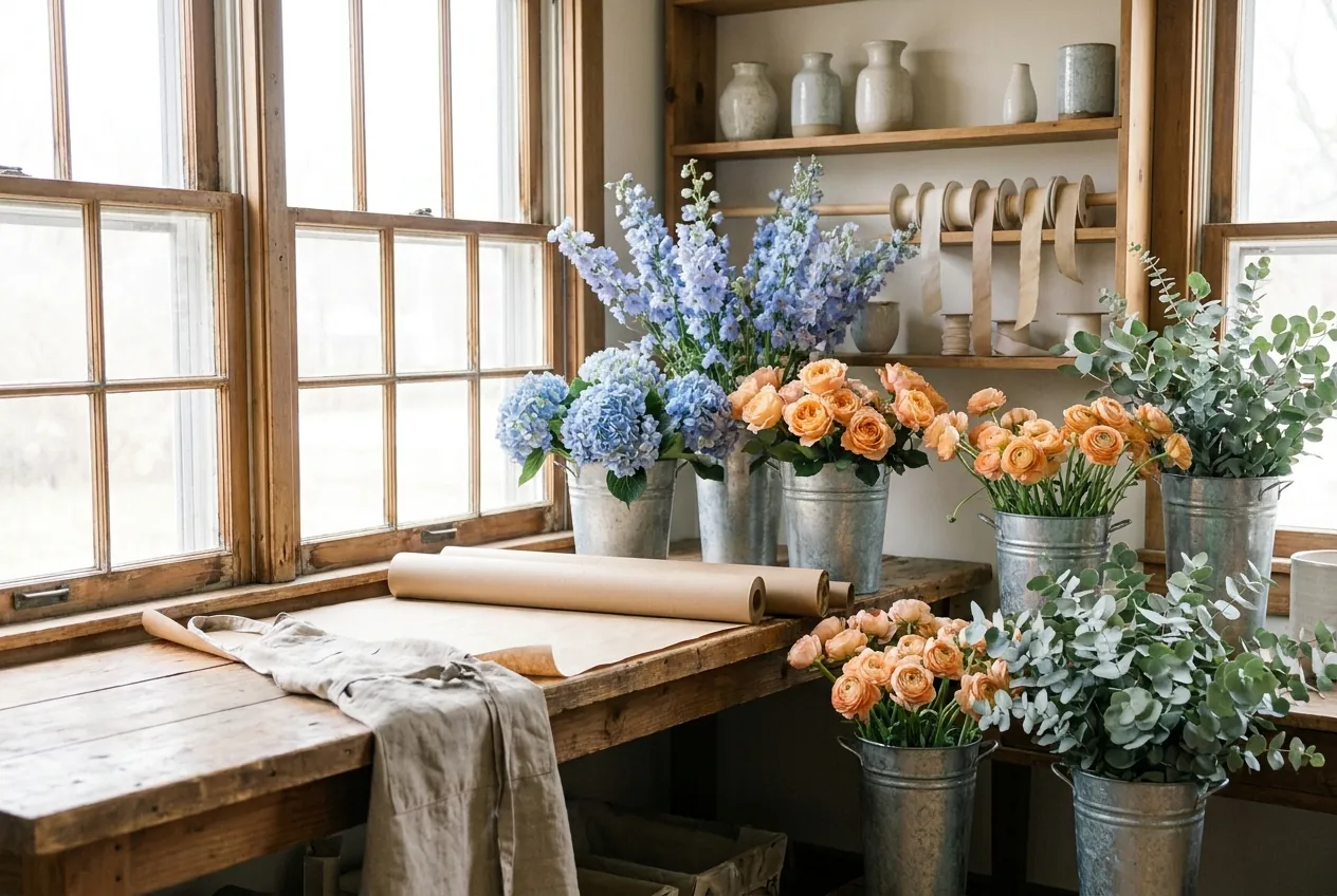 The Larkmede studio: galvanised buckets of seasonal stems, a wooden bench and rolls of kraft paper by big windows.