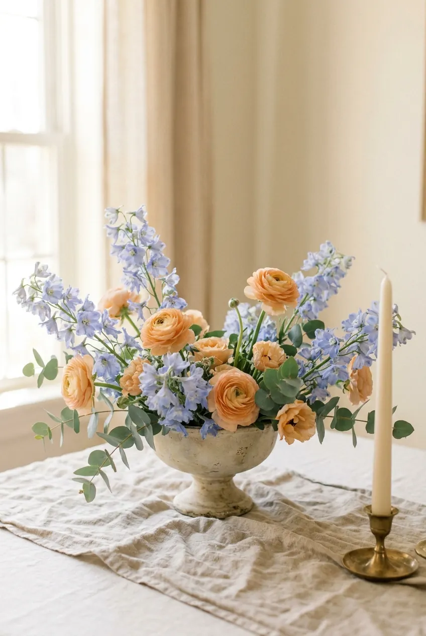 A low table centrepiece of periwinkle delphinium and apricot ranunculus in a stone compote on a linen runner.