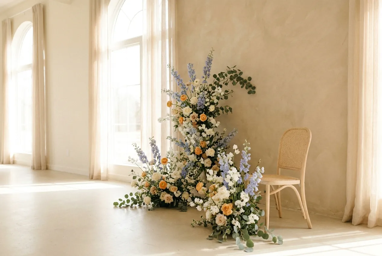 A soft wedding arrangement of delphinium, apricot ranunculus and eucalyptus beside a cane chair in a light-filled room.