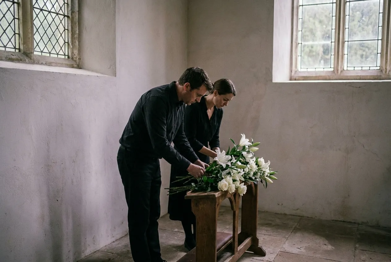 Two Merriden House staff arranging white flowers in the chapel