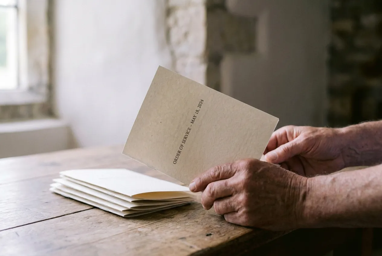 Hands folding a freshly printed order-of-service booklet at Merriden House
