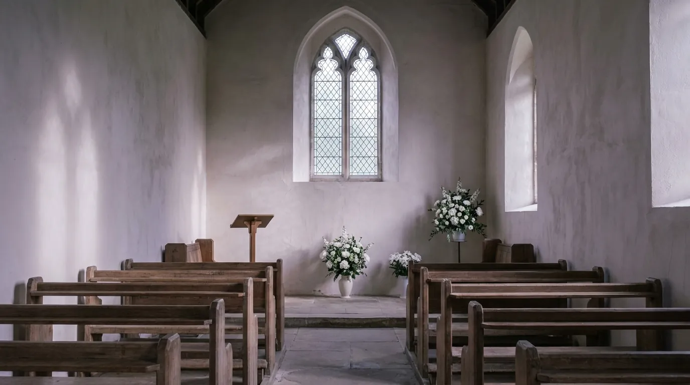 Morning light through the arched leadlight window of the Merriden House chapel