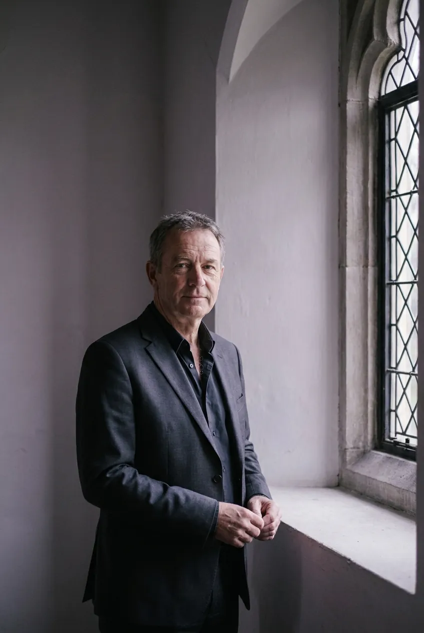 David Merriden beside the leadlight window at Merriden House