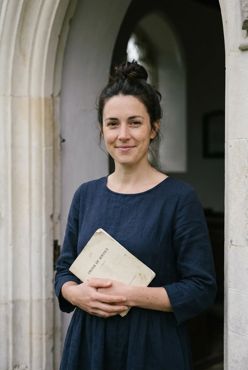 Ellen Merriden holding an order-of-service booklet at the chapel door
