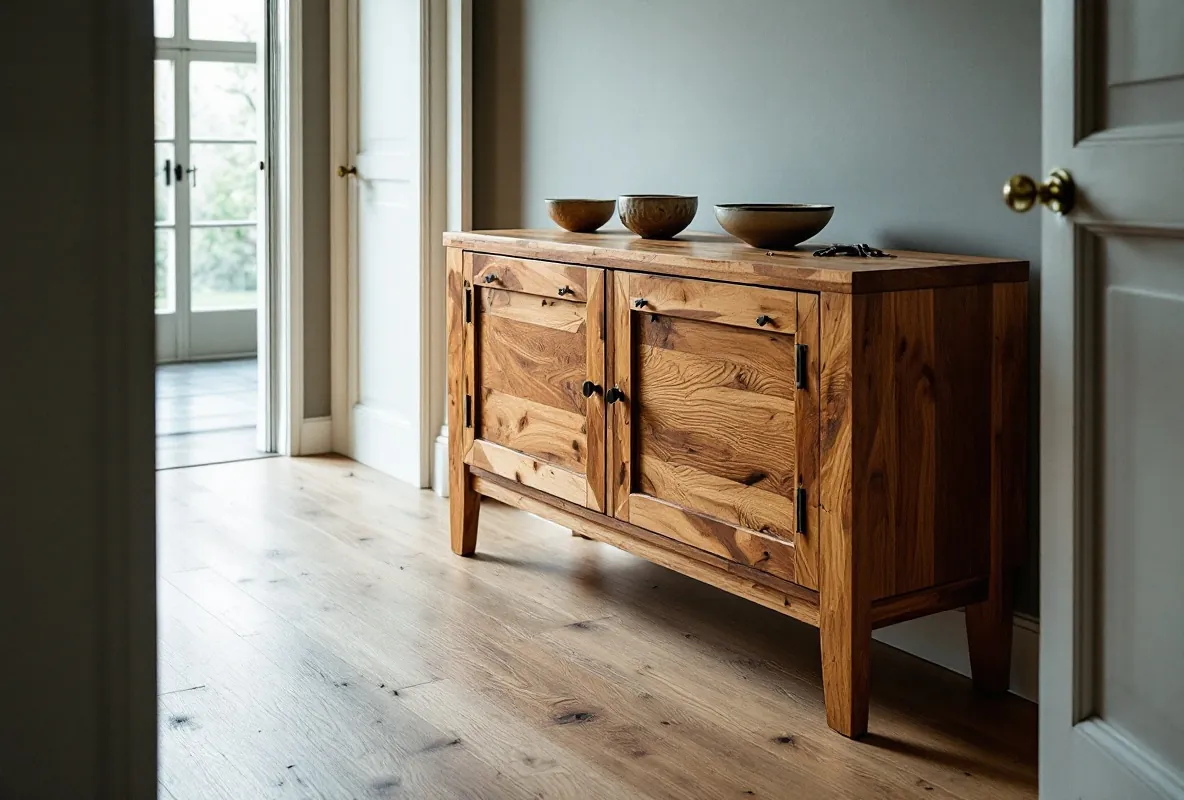 A low ash credenza with sliding doors in a sunlit hallway.