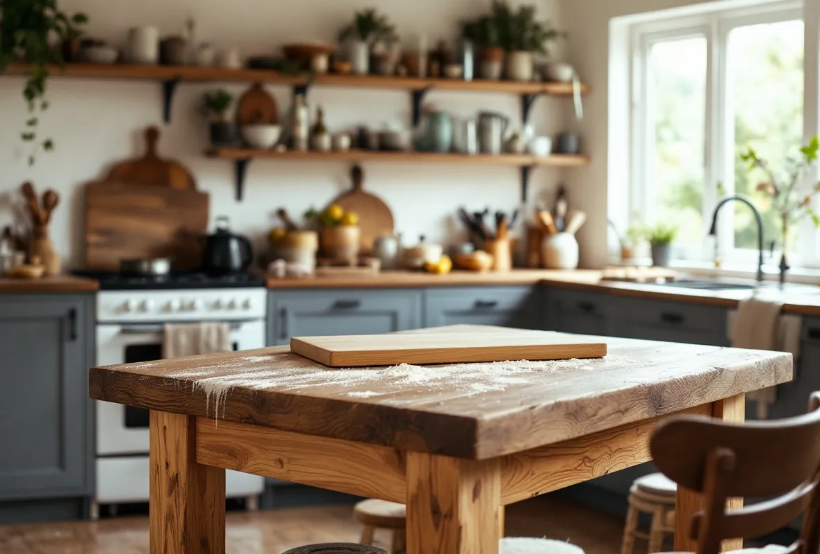 An ash kitchen work table with a thick worn top, mid-use.