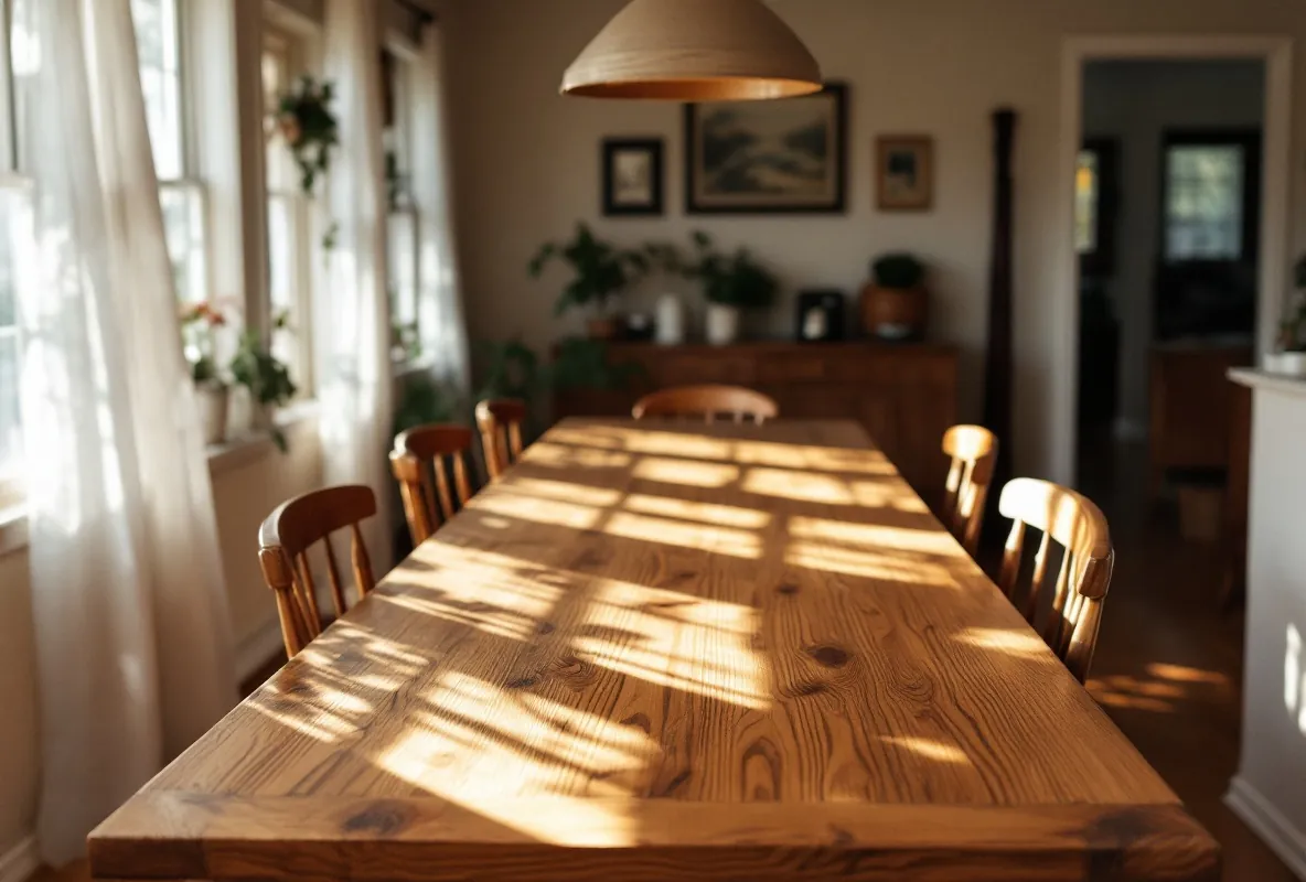A long oak dining table with breadboard ends, photographed in warm window light.