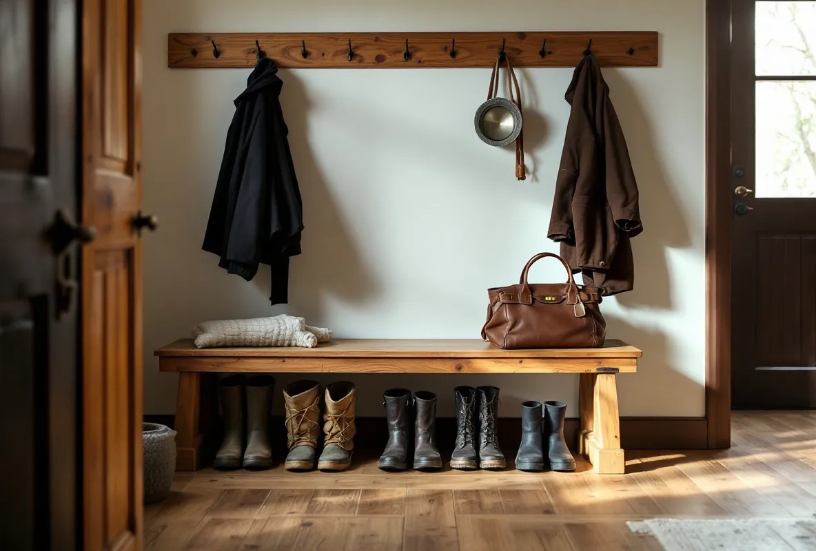A pine mudroom bench with boots tucked beneath the seat.