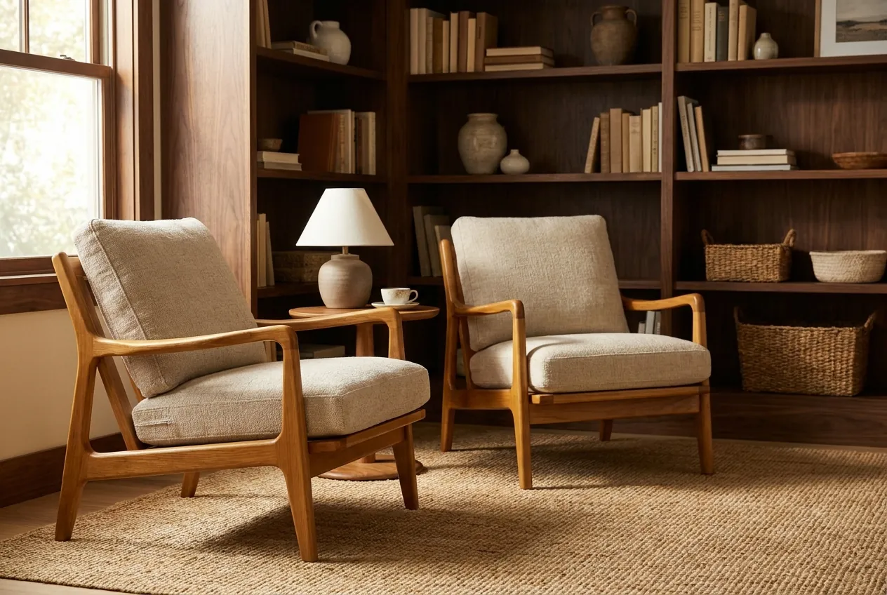 A pair of blackwood reading chairs with woven seats, side by side.