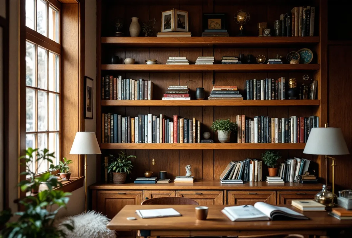Oak wall shelves in a study, staggered and loaded with books.