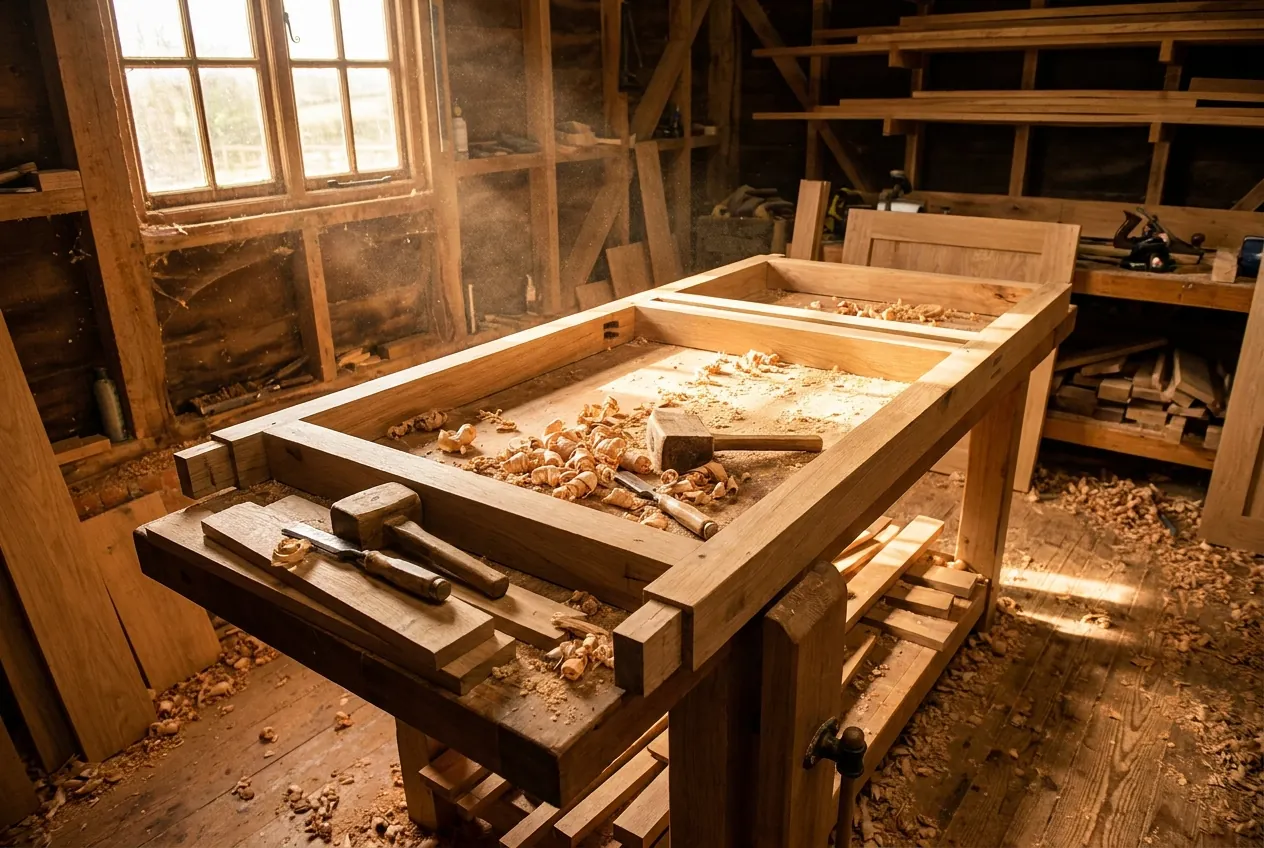 A joinery workbench mid-build, shavings on the floor and clamps holding a glued panel.