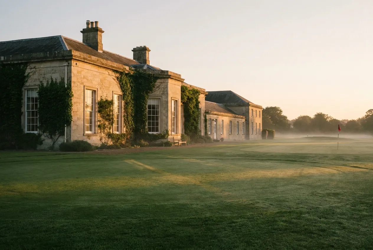 The cream-stone Kestrel Hollow clubhouse across the practice green in early morning light