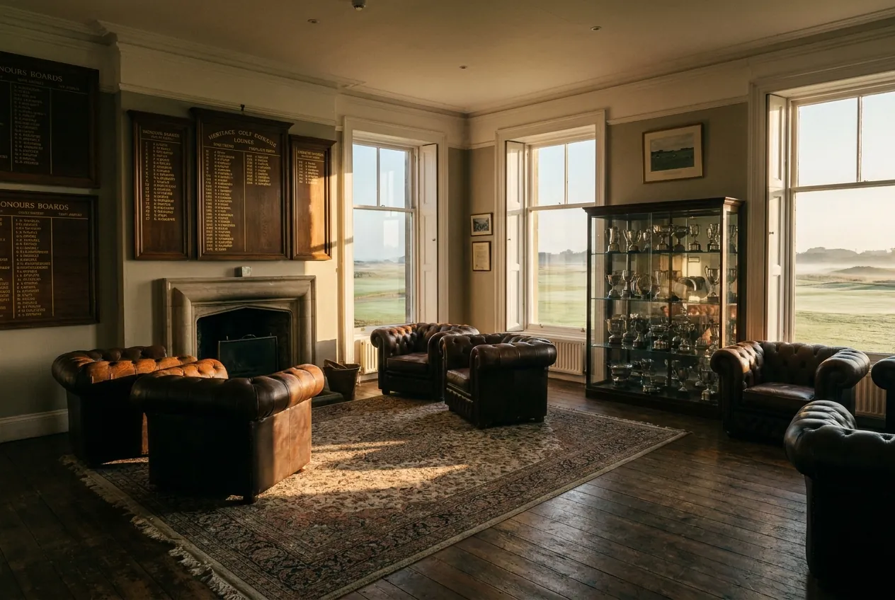 The clubhouse lounge in morning light: leather chairs, honours boards and a silver cabinet