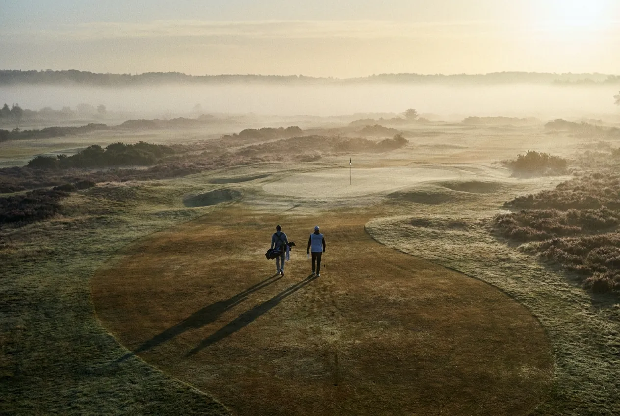 A lone golfer walking a heathland fairway at first light, mist across the wide landscape