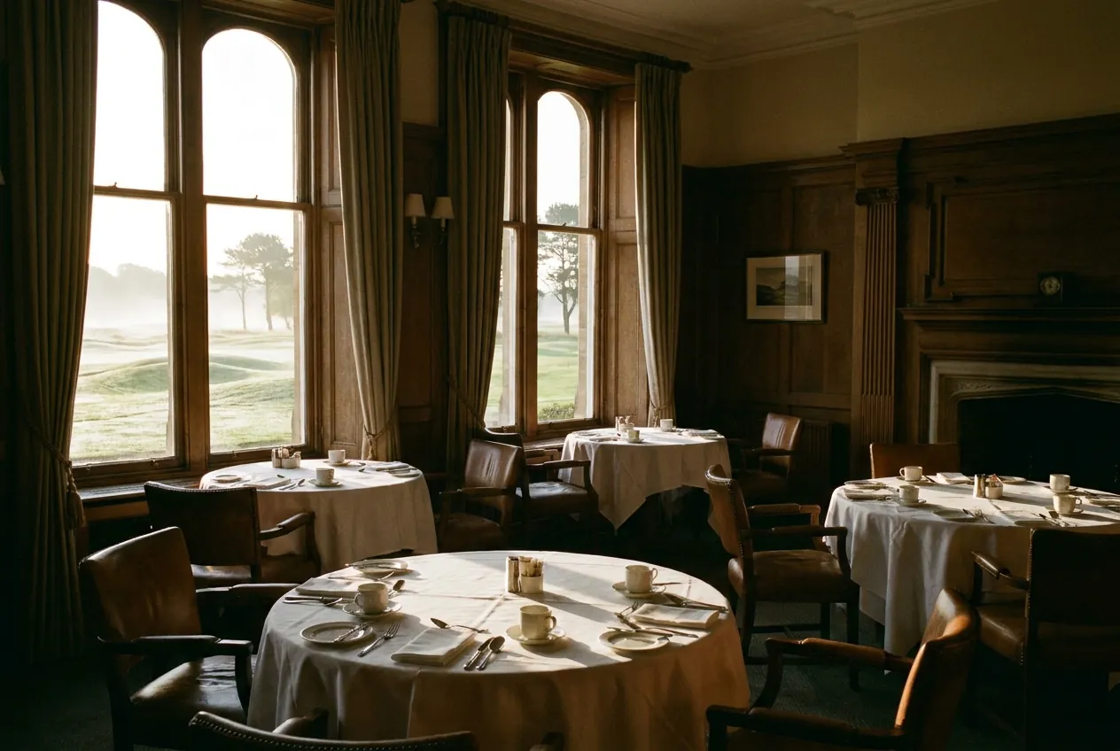 The club breakfast room in morning light, linen tables at tall windows over the course