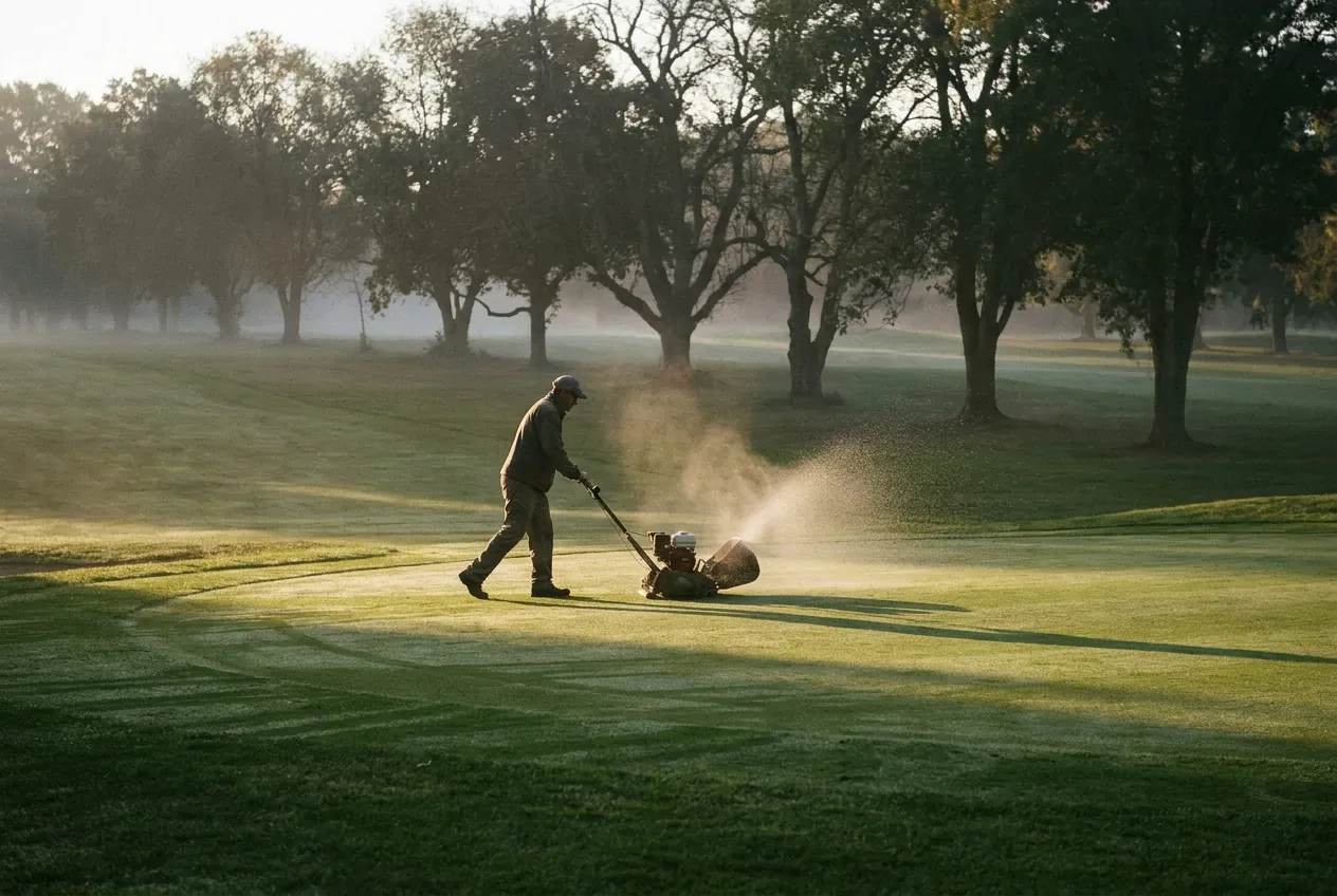 A greenkeeper hand-mowing a dew-covered green at first light, mist in the trees
