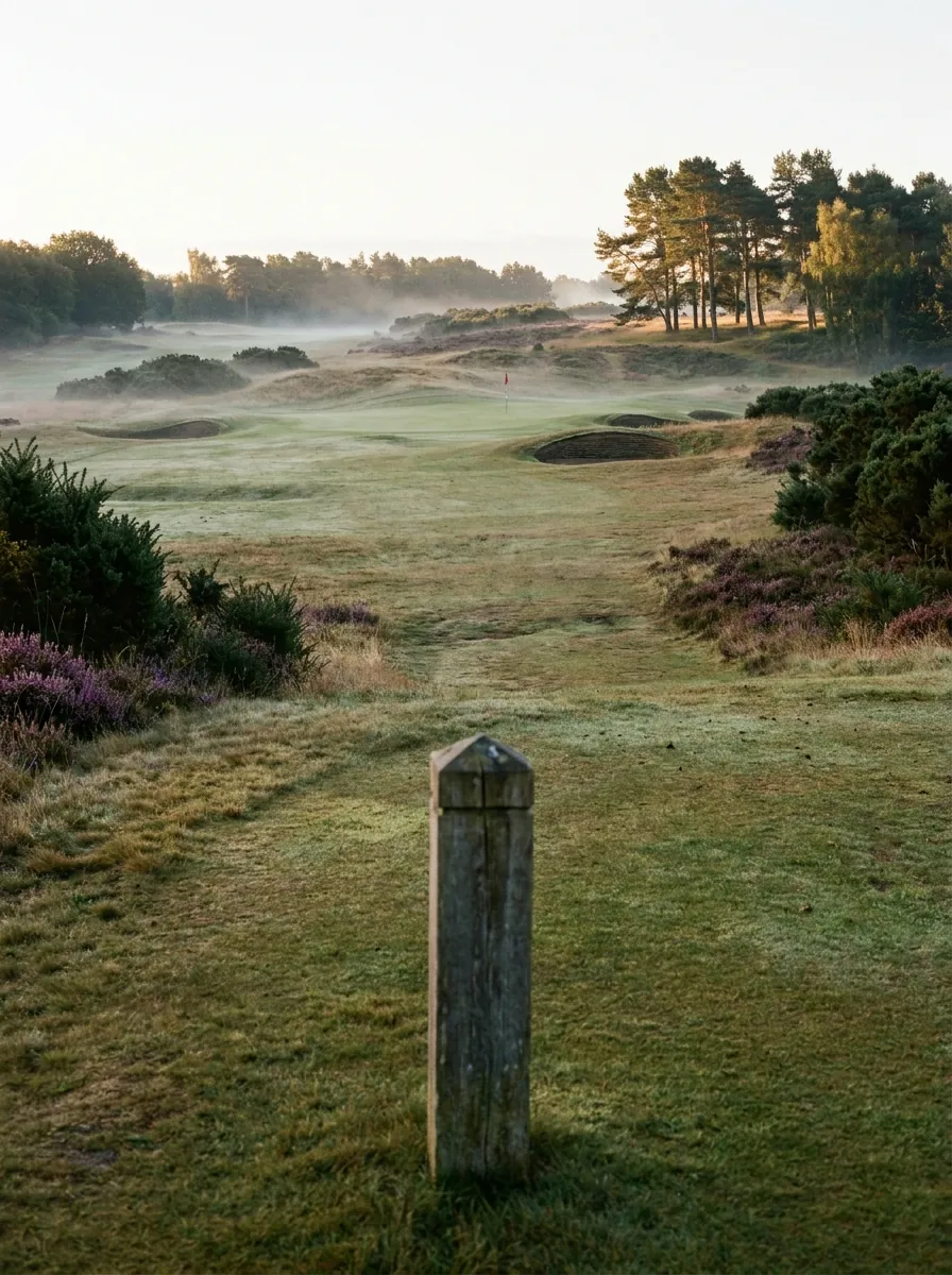 The first fairway of Kestrel Hollow at first light, dew and mist in the hollows, a distant flag