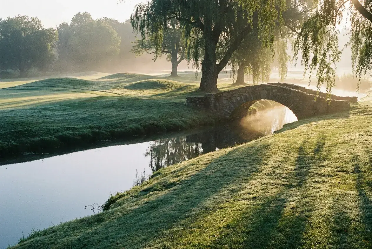 The Creekside Nine's green beside the still creek and stone footbridge at first light