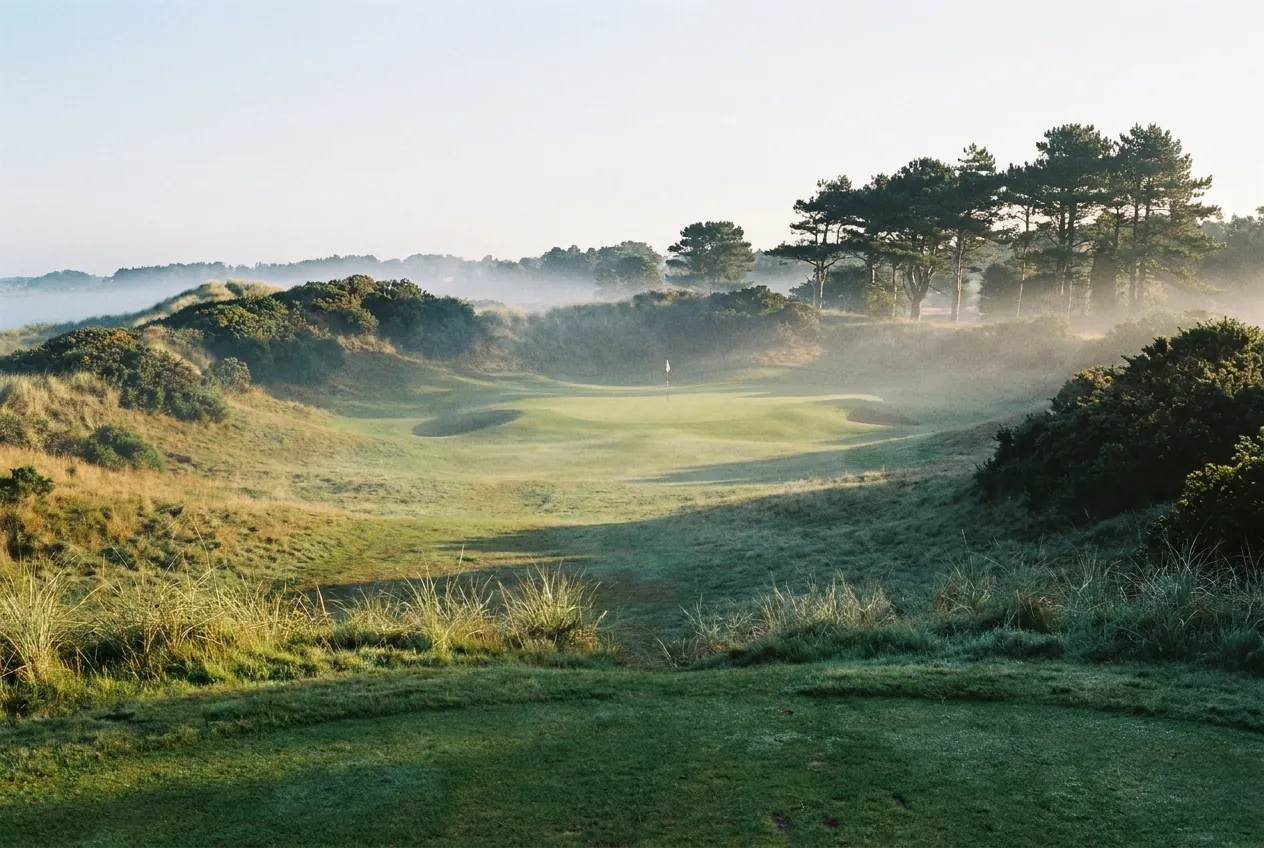 The par-three third of the Hollow Nine dropping into its grassy hollow at first light