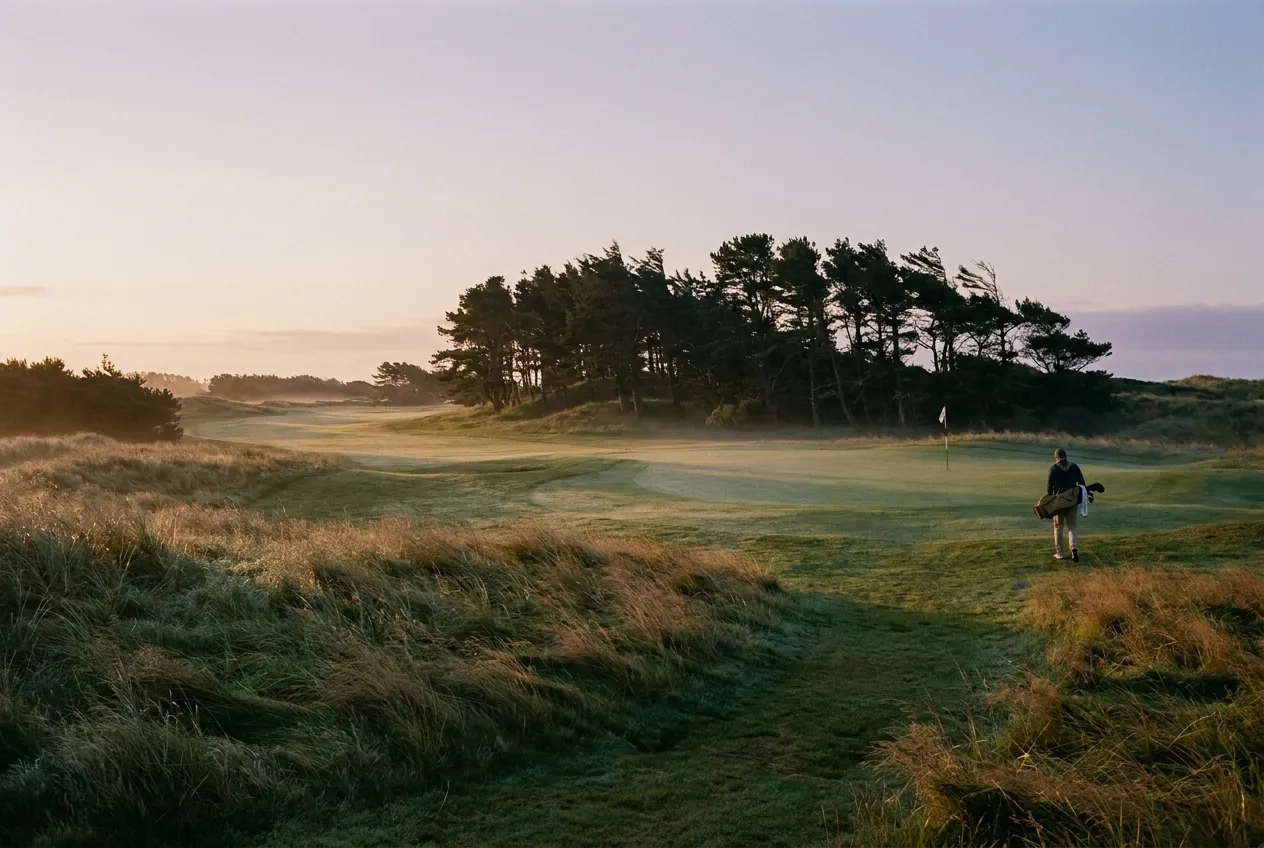 The Westwall Nine's dogleg turning through pines with the dawn breeze in the fescue