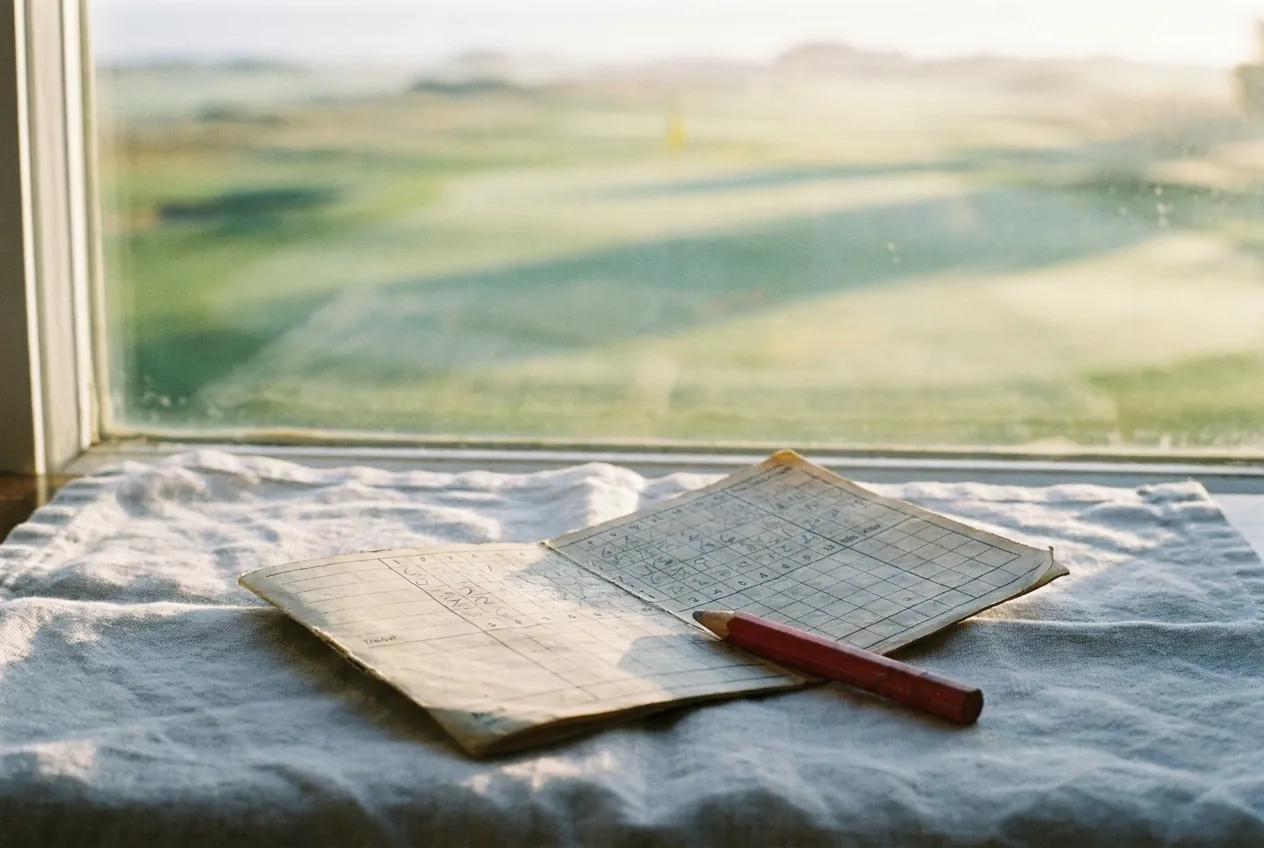 A Kestrel Hollow scorecard and short pencil laid on pale linen by a bright morning window