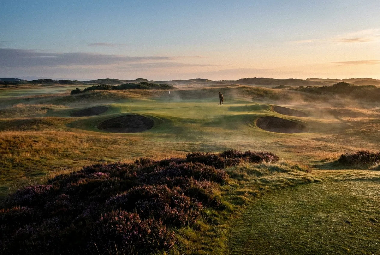 The signature par three of the Hollow Nine playing over heather at first light