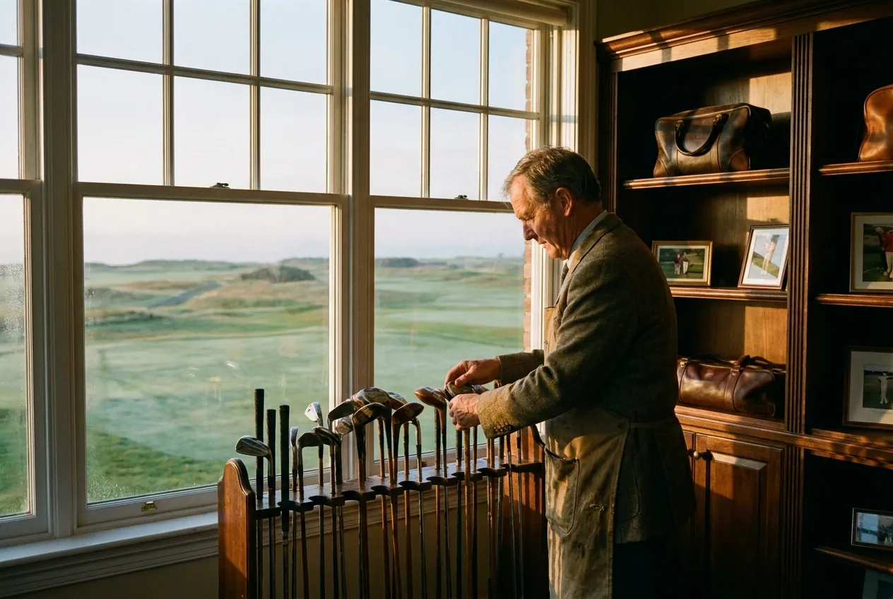 The club professional arranging clubs by a bright pro-shop window in morning light