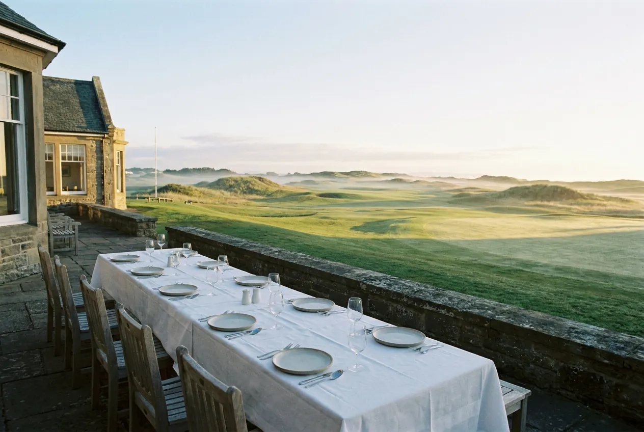 A long table set for lunch on the clubhouse terrace overlooking the course in daylight