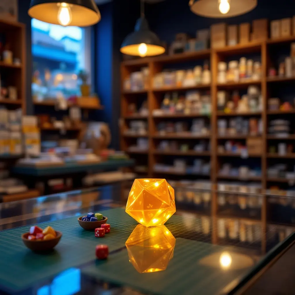 An amber twenty-sided die glowing in the glass display counter.